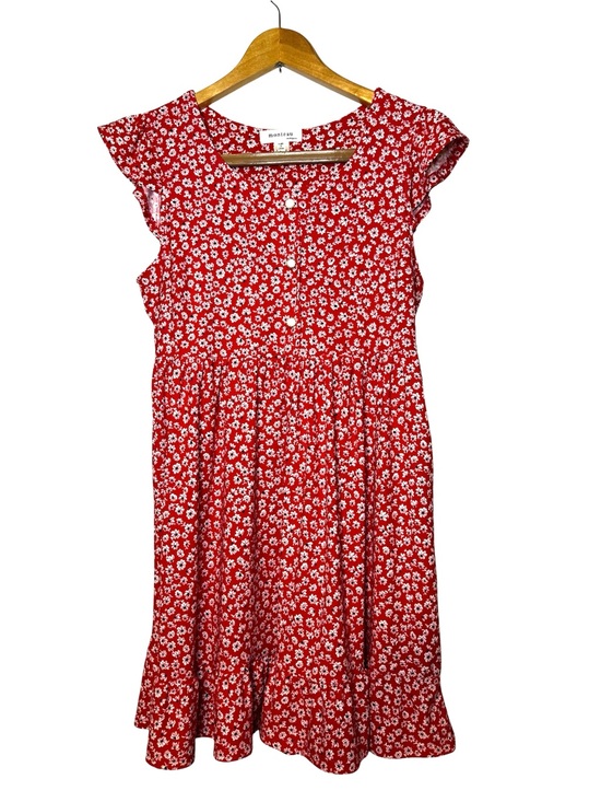Monteau Dresses & Skirts - Monteau Womens Button-Front Flutter Capped Sleeve Floral Dress Size L Red